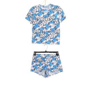 The Smurfs Pajama Sleep Lounge Set Womens S Top and Shorts Blue White Stretch